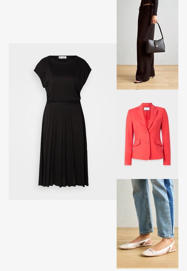 Blazer coral dintr-un material neted, având rever cu colțuri, două nasturi și două buzunare frontale cu clapete în unghi.; Rochie neagră cu un corset ajustat și mâneci scurte, trecând într-o fustă plisată. Fabricată dintr-un material moale cu o textură netedă.; Sandalete plate de un roz pal cu vârf ascuțit, realizate dintr-un material asemănător pielii, neted. Prezintă detalii decupate pe laterale și un toc plat.; Genți negre cu o formă structurată, textură netedă și un închizător metalic. Asortată cu pantaloni negri largi și sandale cu vârf deschis pe un podea din lemn.