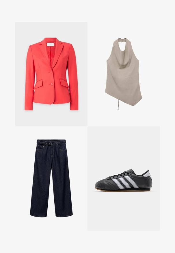 Koralen blejzer iz gladkega blaga, z obrnjenim reverjem, dvema gumboma in dvema sprednjima žepoma z nagnjenimi preklopi.; Asimetrična bež majica iz gladkega materiala, ima nalazišče za vrat, draperije spredaj in gumbasto zapiranje zadaj z detajlom vezi na robu.; Temno modri široki traper hlače. Imajo pas z zaponko in več gumbi, sprednja žepa ter čisto obdelane robove.; Črne usnjene športne čevlje z belimi črtami, okroglo konico, ravnim podplatom in vezalnim zapiranjem. Ima perforacije za zračnost.