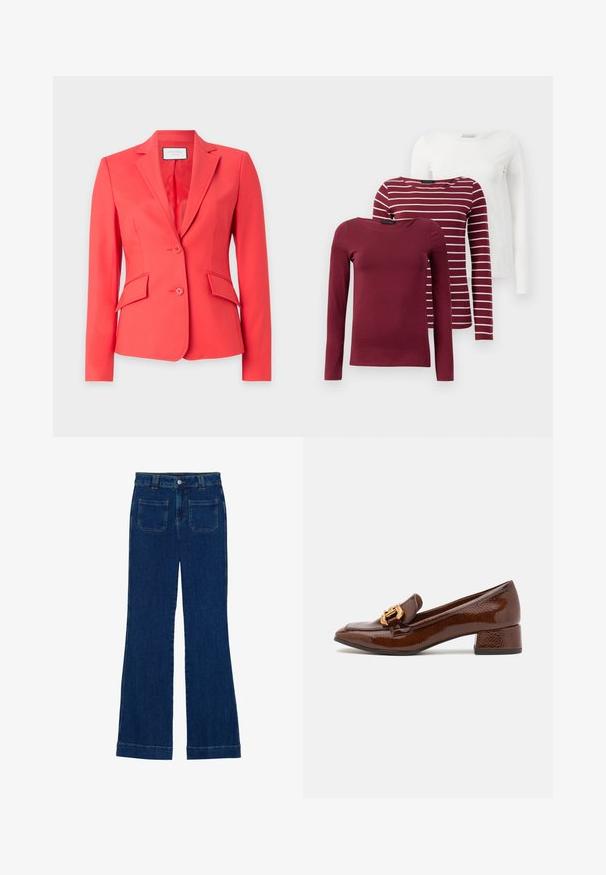 Koralli blazer, joka on valmistettu sileästä kankaasta ja jossa on hienostettu kaulus, kaksi nappia sekä kaksi etutaskua kulmikkailla läpillä.; Kolme pitkähihasta T-paitaa: yksi yksivärinen burgundinvärinen, yksi burgundinvärinen valkoisilla raidoilla ja yksi täysin valkoinen. Kaikki on valmistettu pehmeästä, joustavasta kankaasta.; Tummansiniset farkuista valmistetut leveälahkeiset housut, joissa on sileä pinta, viisi taskua ja napillinen kiinnitys vyötäröllä.; Ruske nahkasaapad läikiva viimistlusega, millel on ees dekoratiivne kuldne klamber ja madal plokkkonts. Klassikaline disain.