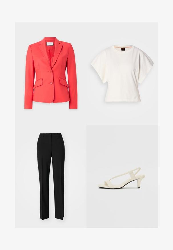 Korallenfarbener Blazer aus glattem Stoff, mit Reverskragen, zwei Knöpfen und zwei vorderen Taschen mit schrägen Klappen.; Weißes, kurzes T-Shirt, kurze weite Ärmel, weicher Baumwollstoff, runder Ausschnitt mit subtilen orangefarbenen Akzenten, minimales Design, keine Muster oder Grafiken.; Schwarze, taillierte Hose mit geradem Bein, aus einem glatten Stoff und mit klaren Falten an der Vorderseite. Keine sichtbare Hardware.; Beige Blockabsatzsandalen mit dünnen Riemen und quadrater Spitze. Glattes Material mit minimalem Design, entworfen für einfaches Tragen.