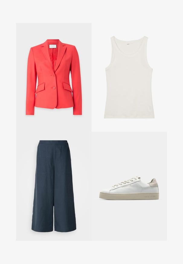 Korálové sako z hladké tkaniny, s klopovým límcem, dvěma knoflíky a dvěma předními kapsami s šikmými klopami.; Bílý bavlněný top bez rukávů s širokým výstřihem a tenkými ramínky. Hladká textura bez viditelných vzorů nebo ozdob.; Široké kalhoty v námořnické modři, vyrobené z lehké tkaniny. Mají mírně texturovaný povrch, elastický pas a přední švy.; Bílé kožené tenisky s hladkým povrchem, béžovými semišovými akcenty, kulatou špičkou, plochým šněrováním a texturovanou gumovou podrážkou.