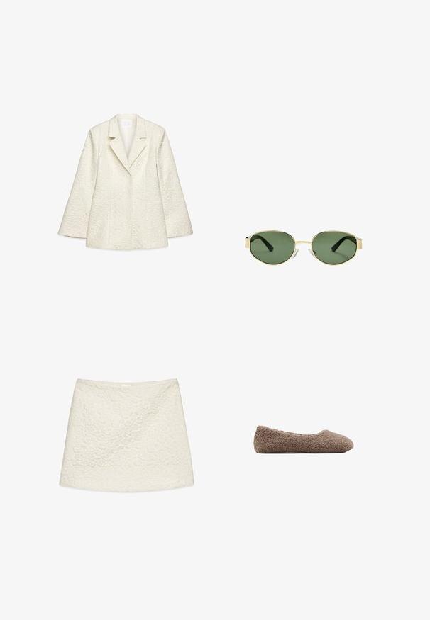 Weißer strukturierter Blazer mit Reverskragen, langen Ärmeln und floralem Muster. Hat eine taillierte Passform und glatte Fütterung.; Schwarzer Rollkragenpullover aus leichtem Strickgewebe. Mit langen Ärmeln, taillierter Passform und weichem Ripptextil.; Weißer Rock mit einem strukturierten Blumenmuster, gerader Schnitt und glattem Stoff. Keine sichtbaren Beschläge oder Akzente.; Braune, mit Fleece gefütterte Ballerina mit abgerundeter Zehenpartie. Sanfte Textur und nahtloses Design, das eine flache Silhouette aufweist. Keine sichtbaren Beschläge.; Sonnenbrille mit goldfarbenem Metallrahmen, grünen getönten Gläsern, ovaler Form, schwarzen Bügeln und klaren Nasenpads. Sauberes, minimalistisches Design.; Weißes Ledertaschenhandtasche mit geflochtenem Muster, langer Schultergurt, Reißverschluss und dekorativem Logo. Verfügt über Quastenakzente an den Enden.