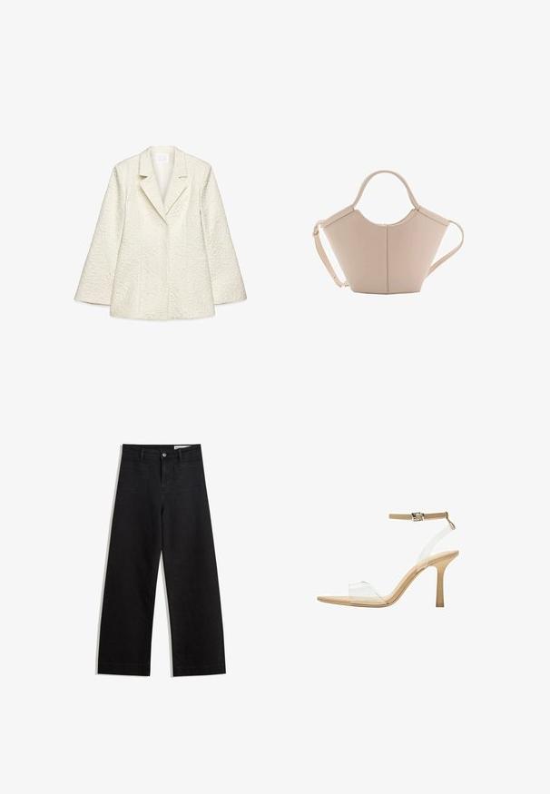 Hvid tekstureret blazer med spidse klapper, lange ærmer og blomsterprint. Har en struktureret pasform og glatforing.; Hvid ærmeløs top med rund halsudskæring, der har en subtil tekstur, nøglehulsbagdetalje og lige kant.; Sorte wide-leg denim bukser med høj talje, der har front- og baglommer, syede sømme og en knaplukning. Glat tekstur.; Klart hælet sandal med en gennemsigtig overdel, beige fodseng og en slank ankelrem. Har en spids tå og en tynd høj hæl.; Lysebrun læderhåndtaske med en unik form, featuring to korte håndtag og et langt justerbart rem. Glat tekstur med minimal hardware.