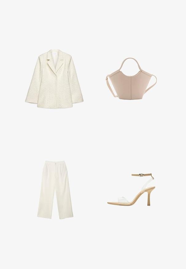 Hvid tekstureret blazer med spidse klapper, lange ærmer og blomsterprint. Har en struktureret pasform og glatforing.; Hvid langærmet t-shirt lavet af ribbet stof med rund halsudskæring og lige skæring i kanten. Enkel, ensfarvet design.; Bredde bukser i cremefarvet stof med en glat tekstur, der har en enkelt knap foran, diskrete folder og design med høj talje.; Klart hælet sandal med en gennemsigtig overdel, beige fodseng og en slank ankelrem. Har en spids tå og en tynd høj hæl.; Lysebrun læderhåndtaske med en unik form, featuring to korte håndtag og et langt justerbart rem. Glat tekstur med minimal hardware.