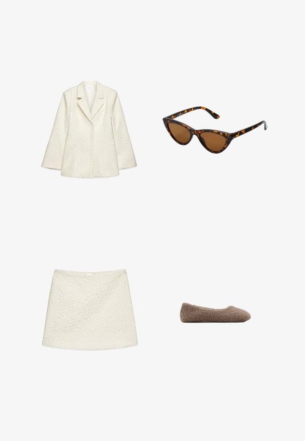 Hvid tekstureret blazer med spidse klapper, lange ærmer og blomsterprint. Har en struktureret pasform og glatforing.; Hvid ribbet tanktop med brede stropper og tætsiddende design, parret med højtaljede sorte bukser og et sort bælte.; Hvid nederdel med et tekstureret blomsterdesign, der har en lige skæring og glat stof. Ingen synlig hardware eller detaljer.; Brun, fleece-fodret ballet flats med rund tå. Blød tekstur og sømløst design, der har en lav profil. Ingen synlige detaljer.; Kat-ejede solbriller med en sort og orange skildpaddemønstret stel, brune linser og slanke, spidse ender. Har et minimalistisk logo på skabelsen.; Hvid lædertaske med vævet tekstur, lang skulderrem, lynlåslukning og et dekorativt logo. Har kvastdetaljer i enderne.