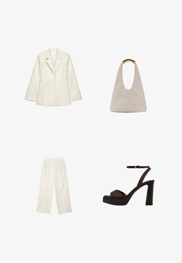 Hvid tekstureret blazer med spidse klapper, lange ærmer og blomsterprint. Har en struktureret pasform og glatforing.; Hvid kortærmet t-shirt lavet af bomuld. Har en rund halsudskæring og en afslappet pasform. Glat tekstur uden synlige mønstre eller detaljer.; Bredde bukser i cremefarvet stof med en glat tekstur, der har en enkelt knap foran, diskrete folder og design med høj talje.; Brune ruskinds højhælede sandal med åben tå, justerbar ankelrem og en stribet plade sål.; Lysegrå lædertaske med et U-formet design og et buet metallisk håndtag. Glat tekstur med minimal syning og ingen synlige mønstre.