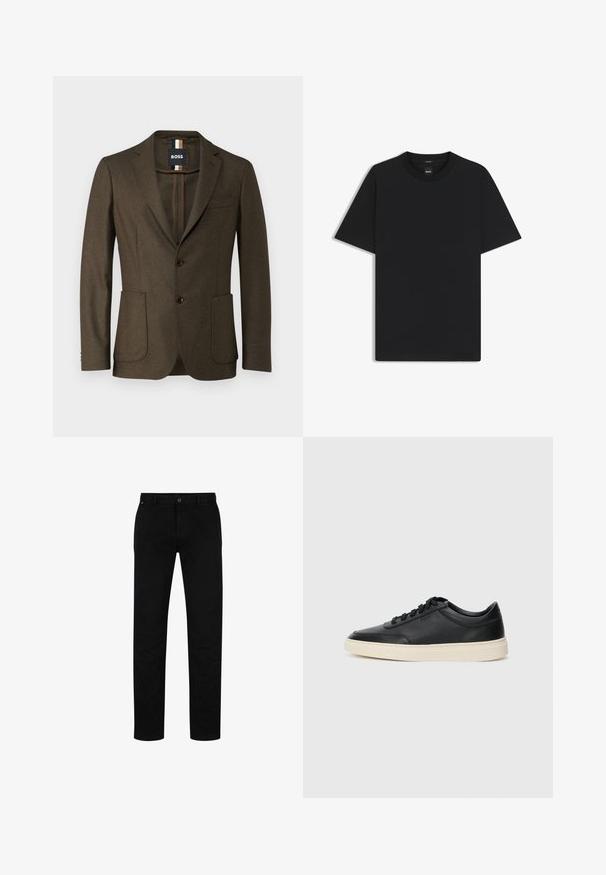 Bruine wollen blazer met een enkelknoopsluiting, met een geknipte revers, twee voorzakken en bruine knopen. Heeft een paspelzak op de borst.; Zwarte korte mouwen T-shirt van een gladde katoenmix, met een ronde halslijn en een minimalistisch ontwerp zonder patronen of accenten.; Zwarte katoenen broek met een rechte pasvorm, voorzien van een knoopsluiting, riemlussen en een minimalistisch ontwerp. Glad van structuur, zonder patronen.; Zwarte leren sneaker met lage schacht, zwarte veters en off-white zool, weergegeven in zijprofiel op een witte achtergrond.
