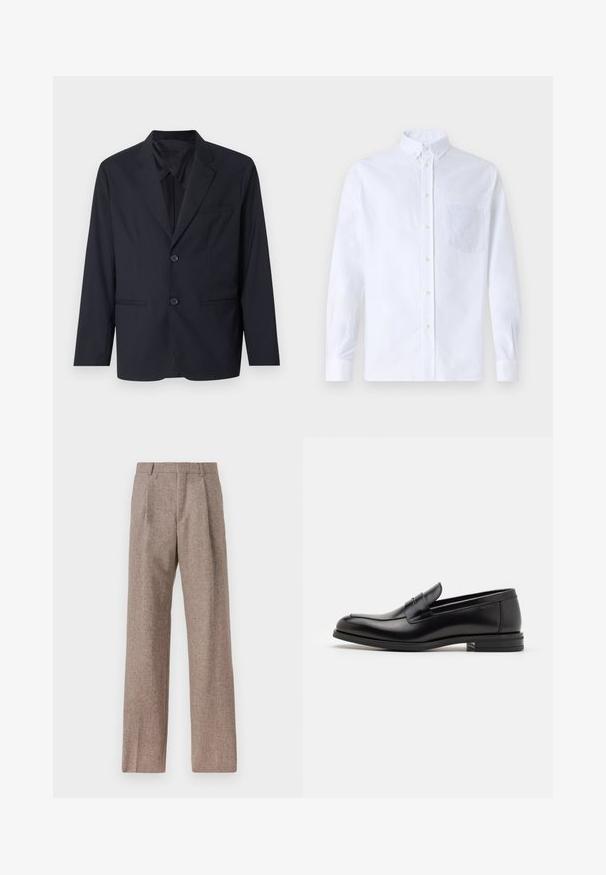 Sötétkék blézer sima anyagból, egysoros fazonban, két gombbal, kivágott hajtókával és egy mellzsebbel.; Fehér, hosszú ujjú, gombos ing pamutból, mellzsebbel, tónusos hímzéssel, gallérral és gombos mandzsettával.; Barna, magas derekú nadrág texturált anyagból. Széles szárai és két elülső redője biztosítja a struktúrát. Ízléses kivitel, látható fémszerelés nélkül.; Fekete bőr loaferek sima textúrával, kerek orral és dekoratív pánttal a vampnál. Alacsony, rétegelt sarkú, minimalista dizájn.