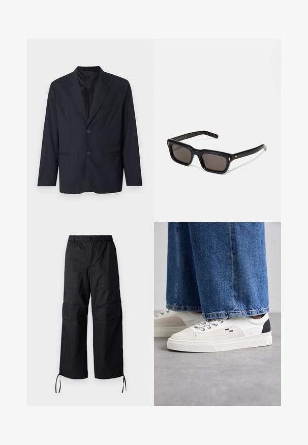 Blazer azul marino en una tela suave con diseño de un solo botón, dos botones, solapas con muesca y un bolsillo en el pecho.; Camiseta de algodón negra con cuello redondo, mangas cortas y el logo de "EMPORIO ARMANI" en blanco sobre "Milano" en un diseño curvado.; Pantalones cargo negros hechos de una tela ligera, con piernas anchas, cinturilla elástica y cordones ajustables en los puños. Dos bolsillos laterales.; Zapatillas blancas y negras con una parte superior de cuero suave, acentos texturizados y una suela blanca gruesa. Presenta un diseño clásico de cordones.; Gafas de sol rectangulares negras con lentes oscuros, marco de plástico grueso, acentos dorados en las patillas y logotipo de la marca grabado en el brazo.