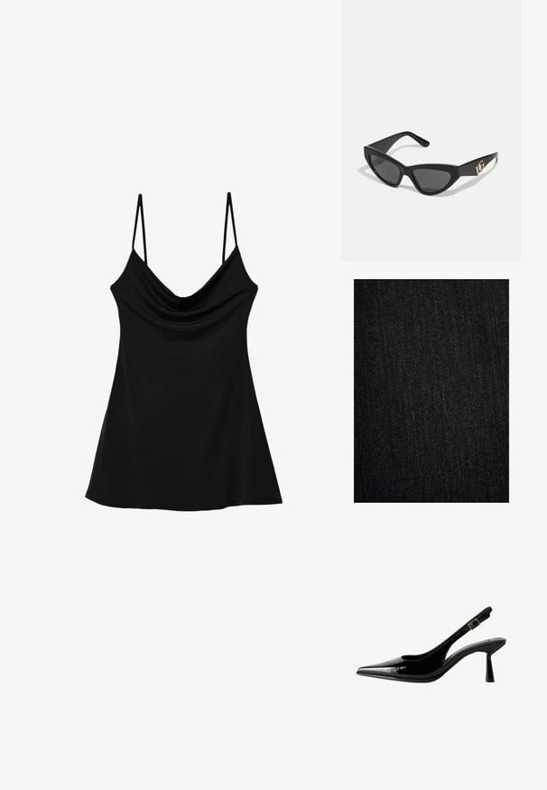 Schwarzer Denim-Stoff mit einer glatten Textur, der eine dezente Köperbindung und leichte Farbvariationen aufweist. Keine sichtbaren Muster oder Akzente.; Schwarzes ärmelloses Top mit einem Cowled-Ausschnitt, hergestellt aus glattem Stoff. Verfügt über dünne, verstellbare Träger und eine ausgestellte, fließende Silhouette.; Schwarze Lackleder Slingback-Pumps mit spitzem Zeh, ausgeschnittenen Seiten, verstellbarem Knöchelriemen und einem dünnen, eleganten Absatz.; Cat-Eye-Sonnenbrille mit mattem schwarzen Kunststoffrahmen, dunklen Gläsern und einem goldenen Logoplatz auf dem Bügel. Winkeliges Design und glatte Oberfläche.; Michael Kors Clutch in beige beschichtetem Canvas mit einem wiederholten MK-Logo-Muster, goldfarbener hardware und einem abnehmbaren Kettenriemen.