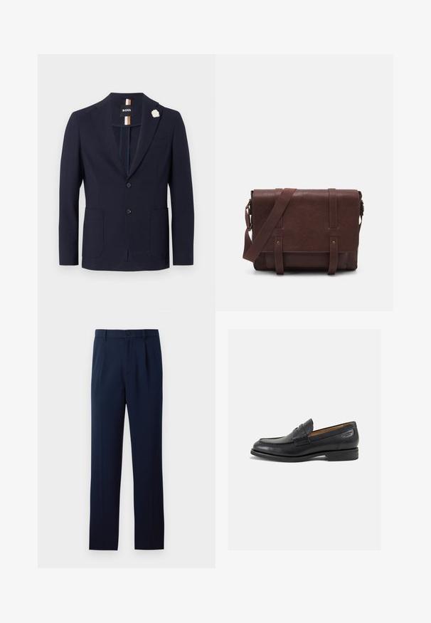 Granatowa marynarka wykonana z fakturowanej tkaniny, z jednorzędowym zapięciem, dwiema przednimi kieszeniami i białą broszką w kształcie kwiatu.; Trzy koszule z długim rękawem: jasnoniebieska, biała i granatowa. Wszystkie mają klasyczny kołnierzyk i zapięcie na guziki, wykonane z gładkiego materiału.; Granatowe spodnie z gładkiego materiału, zapinane na jeden guzik, z plisami i prostymi nogawkami. Minimalistyczny design bez widocznych wzorów.; Czarne skórzane mokasyny o gładkim wykończeniu, zaokrąglonym nosku i dekoracyjnym przeszyciu na cholewce. Niski, warstwowy obcas i delikatny połysk.; Brązowa skórzana torba na ramię z płaskim klapem z przodu, dwoma paskami, złotymi akcentami oraz regulowanym paskiem na ramię.