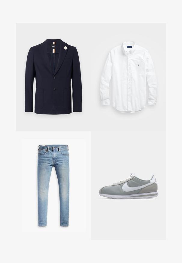 Jūros pajėgų stiliaus švarkas, pagamintas iš tekstūruoto audinio, su vieno mygtuko užsegimu, dviem priekinėmis kišenėmis ir baltu gėlių sagė.; Balta ilga rankovė mygtukų marškiniai iš medvilnės. Pasižymi klasikinėmis apykaklėmis, mygtukų rankogaliais ir mažuoju tamsiai mėlynu siuviniu su logotipu ant krūtinės.; Šviesiai mėlyni aptempti džinsai su lengvu nudėvėjimu šlaunyse, priekyje užsegami mygtuku, su diržo kilpelėmis ir penkių kišenių stiliumi ant baltos fono.; Pilkas sportinis batelis su zomšiniais ir tekstiliniais viršutiniais paviršiais, baltas Nike swoosh ženklas ir baltos raišteliai. Yra tekstūruotas gumos padas ir paminkštinta apykaklė.