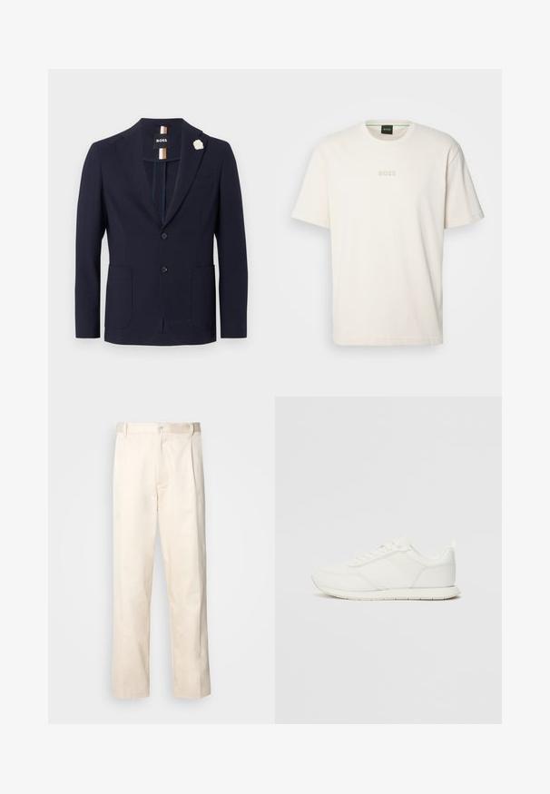 Navy blazer made of textured fabric featuring a single-breasted design, two front pockets, and a white flower lapel pin.; BOSS TEE - Basic T-shirt - open white; Beige cotton trousers with a straight-leg cut, featuring a button closure and pleats at the front for added detail.; White sneaker with a mesh and synthetic upper, round toe, flat laces, and a textured side stripe. Rubber sole with a pull tab at the back.