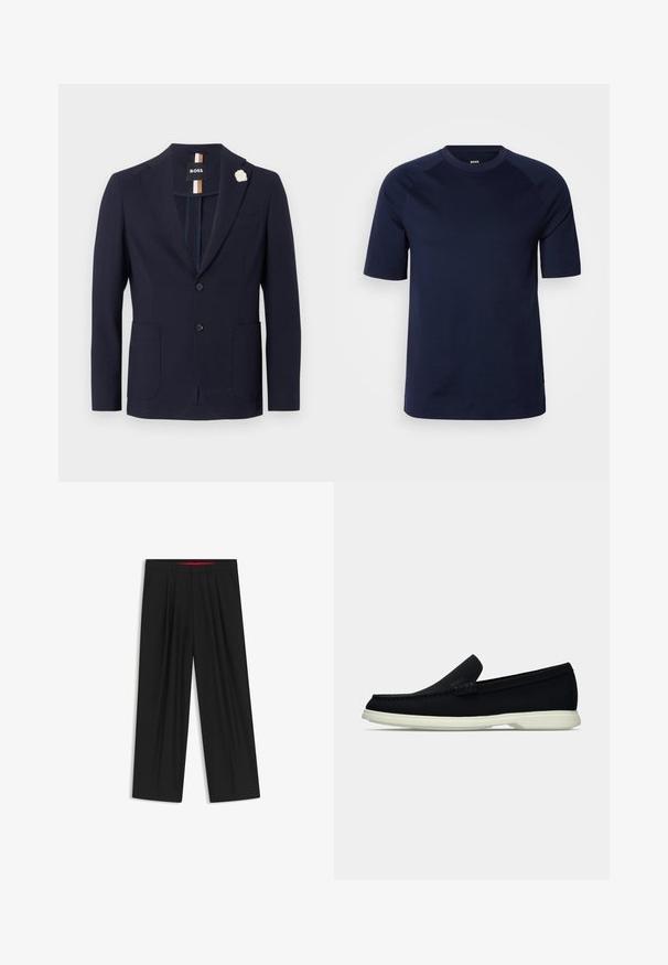 Navy blazer made of textured fabric featuring a single-breasted design, two front pockets, and a white flower lapel pin.; Navy blue short-sleeve T-shirt made from soft cotton. Features a crew neck and raglan sleeves, with minimal branding on the collar.; Black wide-leg trousers with a flat front, two side pockets, pleated design, and a contrasting red interior waistband.; Black slip-on shoe with a rounded toe, featuring a textured upper, smooth white sole, and subtle branding detail on the side.