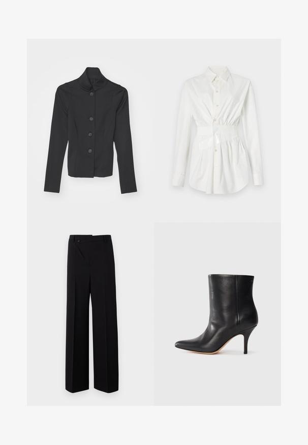 Sorte skræddersyet jakke med høj krave, fem knapper foran og lange ærmer. Lavet af glat stof med en struktureret pasform.; Hvid skjorte med lange ærmer, en tætsiddende taljedetalje og en blank bælteaccent. Fremstillet af glat, letvægtsstof.; Sorte brede bukser med flad front, knaplukning og glat stoftekstur. Har en lige pasform og skarpe linjer.; Sort læder ankelstøvle med spids tå, slank stiletthæl og glat tekstur. Minimalistisk design uden synligt hardware eller accenter.