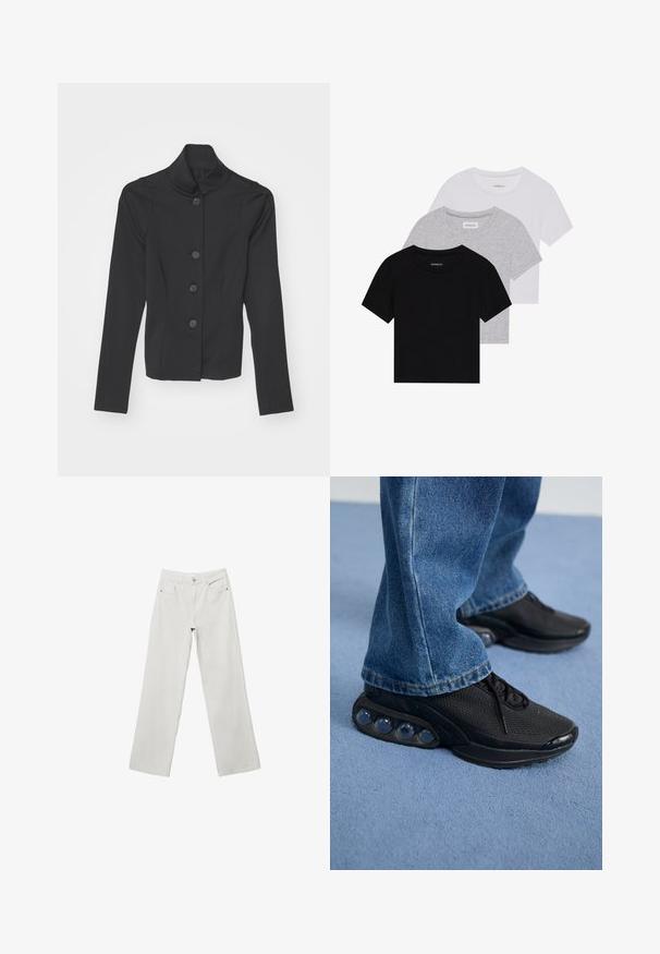 Černý sáčkový kabát s vysokým límcem, pěti knoflíky vpředu a dlouhými rukávy. Vyroben z hladkého materiálu s pevným střihem.; Sada tří triček s krátkým rukávem v černé, šedé a bílé barvě. Vyrobena z bavlny, s kulatým výstřihem a jednoduchým jednobarevným designem.; Bílé denimové kalhoty s širokými nohavicemi a vysokým pasem, pět kapsový design a tonální prošívání. Zapínání na knoflík a zip. Hladká textura.; Černé sportovní tenisky s síťovaným svrškem, texturovanými akcenty a viditelnými vzduchovými polštářky v podešvi. Nosené s modrými denimovými džíny.