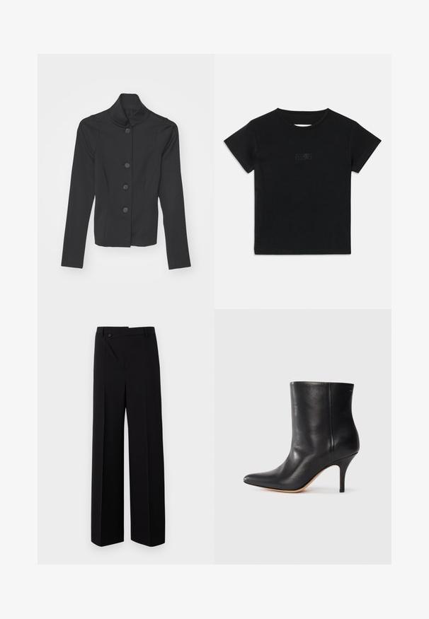 Black tailored jacket featuring a high collar, five buttons down the front, and long sleeves. Made from smooth fabric with a structured fit.; Black cotton T-shirt with short sleeves, round neckline, and a small graphic print in a lighter shade on the front.; Black wide-leg trousers with a flat front, button closure, and smooth fabric texture. Features a straight cut and crisp lines.; Black leather ankle boot with pointed toe, slim stiletto heel, and smooth texture. Minimalist design with no visible hardware or accents.