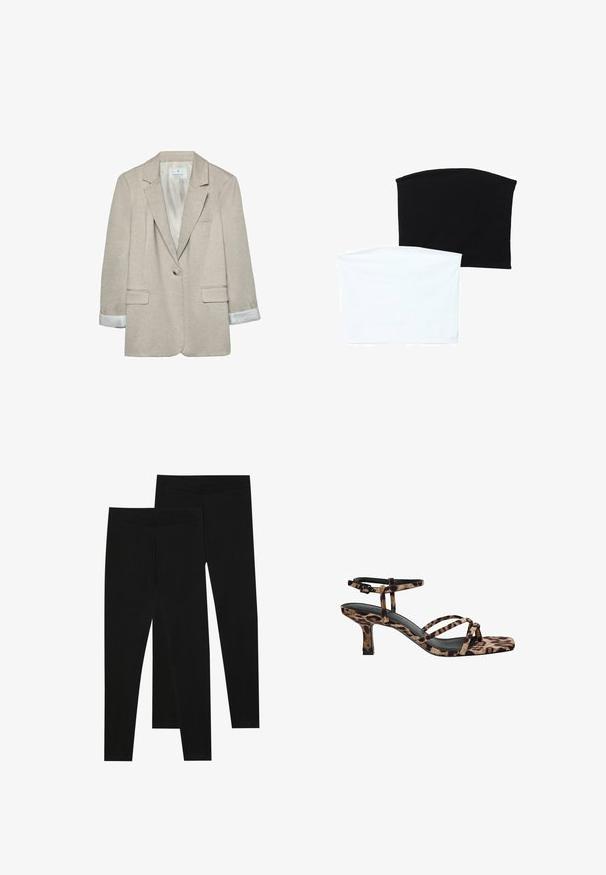 Bež sako od lagane tkanine, s jednim dugmetom, srezanim reverima i detaljima pruga na manžetama. Uključena su dva prednja džepa.; Dvije bešavne cijevi šalovi: jedan crni i jedan bijeli. Obojica su izrađena od mekog, rastezljivog materijala i imaju glatku teksturu bez uzoraka.; Crne tajice napravljene od rastezljivog materijala, s bešavnom elastikom i uskim krojem, prikladne za svakodnevno nošenje ili vježbanje.; Sandal na visokoj peti s leopard uzorkom, kvadratnim vrhom, višestrukim trakama i srednjom petom. Napravljen od mekanog tekstilnog materijala.