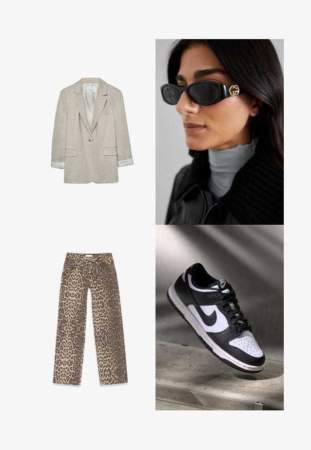 Bež blazer iz lahkega materiala, z enim gumbom za zapiranje, z vdrtimi reverji in trakastimi podrobnostmi na rokavih. Vključena sta dva sprednja žepa.; Zelena bombažna majica s kratkimi raglan rokavi, ki ima rumen potisk z napisom "BRASIL 92" in grbom na levi prsni strani.; Džins hlače z leopardjim potiskom v nevtralni bež in rjavi barvni paleti, s ravnim krojem in tradicionalnimi detajli žepov.; Črno-bel Nike Dunk Low čevelj z usnjenim zgornjim delom, perforiranim prstnim delom in črnimi vezalkami, z belim podplatom in logotipnimi detajli.; Črne sončne očala z elegantnim pravokotnim okvirjem in zlatim logotipom na strani. Temna stekla in sijajna površina sta izrazita.; Bela usnjena torbica za čez ramo z zlatim zapiranjem, ki ima strukturirano zasnovo, kontrastne robove in tanek nastavljiv trak.