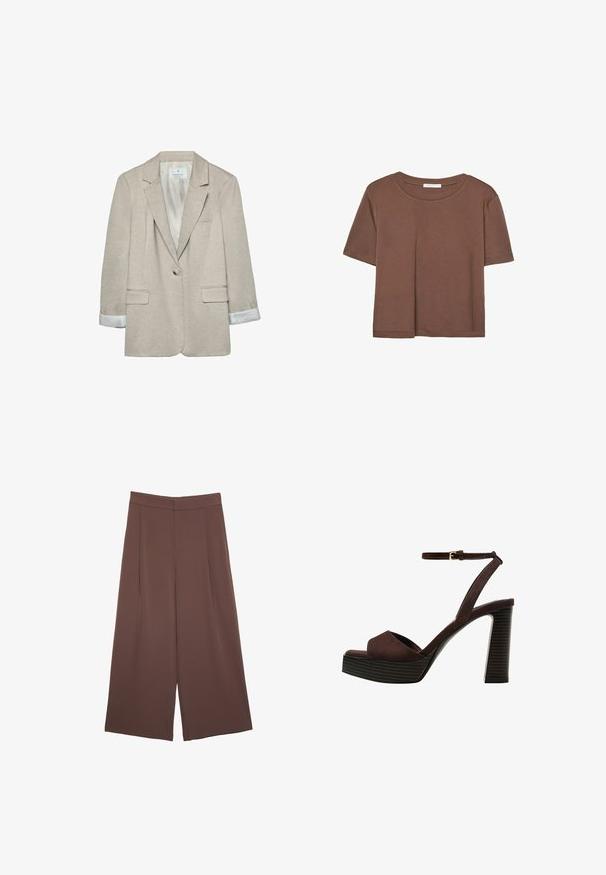 Beige blazer van lichtgewicht stof, met een enkele knoopsluiting, met opstaande revers en gestreepte manchetten. Twee voorzakken inbegrepen.; Korte mouwen T-shirt in bruin, gemaakt van een zachte stof, met een ronde halslijn en een relaxte pasvorm. Geen zichtbare patronen of accenten.; Bruine wijde broek met een gladde textuur, voorzien van een hoge taille en plooien aan de voorkant. De stof is lichtgewicht en valt losjes.; Bruine suède high-heeled sandaal met een open teen, verstelbare enkelband en een gestreepte plateauzool.