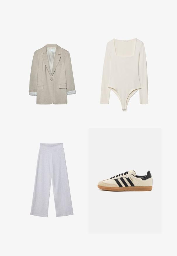 Beige bleiseri kevyessä kankaassa, jossa on yksittäinen nappikiinnitys, viistetyt pääntiet ja raidalliset hihansuiden yksityiskohdat. Kaksi etutaskua sisältyy.; Pitkähihainen body vaaleassa kermanvärissä, jossa on neliönmuotoinen kaula-aukko, sileä pinta ja nepparit haarassa helppoa pukemista varten.; Vaaleanharmaat leveät housut, joissa on korkea vyötärö. Valmistettu pehmeästä kankaasta, joka on sileäpintaista ja väljä istuvuus mukavuutta varten.; Beige urheilukenkä mustilla raidoilla, kumipohjalla ja mustilla yksityiskohdilla. Ominaisuuksiin kuuluu sileä nahkainen päällinen ja pyöristetty kärjen muoto.