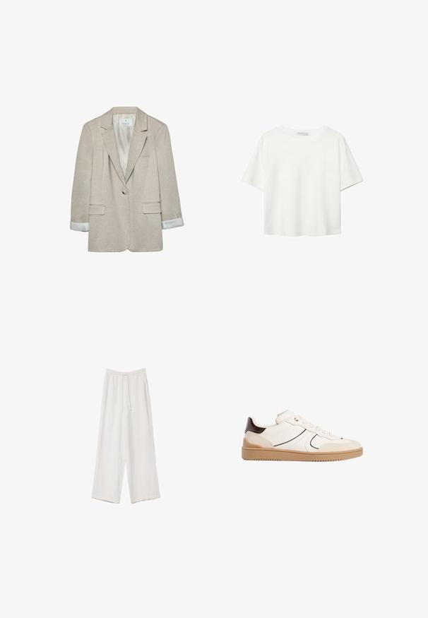 Beige blazer i let materiale med enkelt knaplukning, slagkraver og stribede ærmedetaljer. To frontlommer medfølger.; Hvid kortærmet t-shirt lavet af bomuld. Har en rund halsudskæring og en afslappet pasform. Glat tekstur uden synlige mønstre eller detaljer.; Hvide bukser med bred benlængde lavet af et letvægtsstof. Har et elastisk talje med snor og sidelommer. Glat tekstur.; Stradivarius Sneakers - white