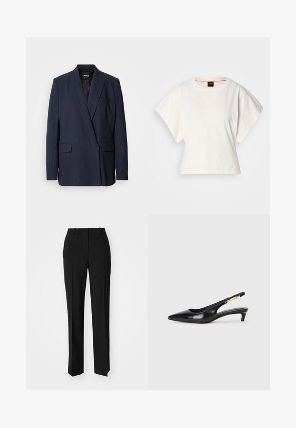 Jūras spēku pinstrīpa žakete, kas izgatavota no gludas auduma, ar izgrieztu atlokiem, divām priekšējām kabatām un vienu krūšu kabatu, pilnībā oderēta iekšpuse.; Balts īsais T-krekls, plašas īsas piedurknes, mīksts kokvilnas materiāls, apaļa kakla izgriezums ar delikātu oranžu apdari, minimāls dizains, bez rakstiem vai grafikām.; Melnas pielāgotas bikses ar taisnu kāju dizainu, kas raksturojas ar gludu faktūru un asiem krokām pa priekšu. Nav redzamu metāla detaļu.; Melnas ādas slingback zābaki ar smailu purngalu, ar šauru papēdi un zelta krāsas akcentu uz regulējama siksniņas. Gluda tekstūra.