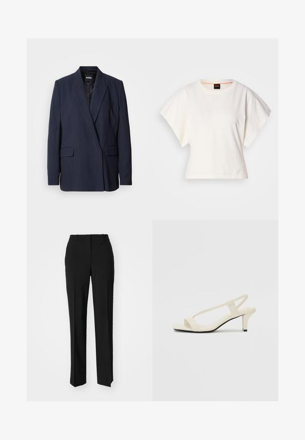 Blazer a righe navy realizzato in tessuto liscio, con revers a punta, due tasche frontali e una tasca sul petto, completamente foderato.; T-shirt bianca cropped, maniche corte e larghe, tessuto di cotone morbido, scollatura rotonda con bordino arancione sottile, design minimale, senza motivi o grafiche.; Pantaloni neri su misura con un design a gamba dritta, caratterizzati da una texture liscia e pieghe ben definite sul davanti. Senza hardware visibile.; Sandali con tacco a blocco beige, con sottili cinturini e punta quadrata. Materiale liscio con dettagli minimi, progettati per un facile utilizzo.