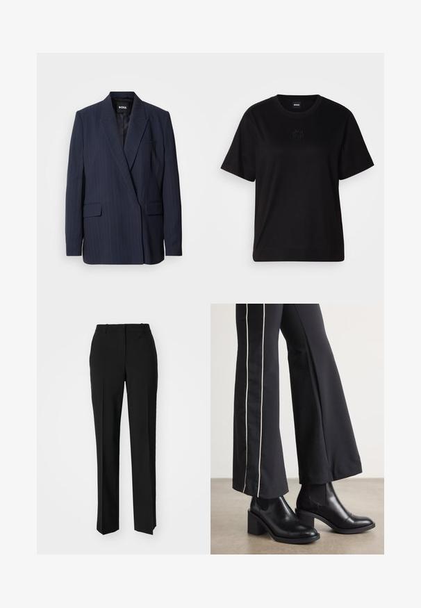 Marineblauwe blazer met pinstripe van gladde stof, met een notch lapel, twee voorkanten en een enkele borstzak, volledig gevoerd interieur.; Zwarte katoenen t-shirt met een ronde hals, korte mouwen en een geborduurd logo op de borst. Eenvoudige, comfortabele pasvorm zonder patronen.; Zwarte op maat gemaakte broek met een recht model, voorzien van een soepele textuur en scherpe plooien aan de voorkant. Geen zichtbare hardware.; Zwarte leren enkellaarzen met een blokhak, voorzien van elastische zijpanelen. Gecombineerd met zwarte broeken met een witte zijstreep.