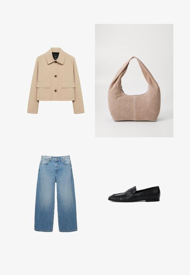 Beige cropped jack gemaakt van gladde stof. Voorzien van een klassieke kraag, een knoopsluiting aan de voorkant en twee grote opgestikte zakken.; Zwarte gebreide trui met een ronde hals, lange mouwen en een cropped ontwerp. Gemaakt van een zacht materiaal met een gladde textuur.; Lichtblauwe wijde jeans van denim, met een klassieke vijf-pocketontwerp en een knoopsluiting. Verbleekte textuur overal.; Zwarte leren loafers met een ronde neus, gestikte details aan de voorkant en een platte zool. Minimalistisch ontwerp met een subtiele logo-accent. ; Hobo-tas gemaakt van zacht, suède materiaal in een lichtbeige kleur. Heeft een ronde vorm met een brede schouderband en een ritssluiting.