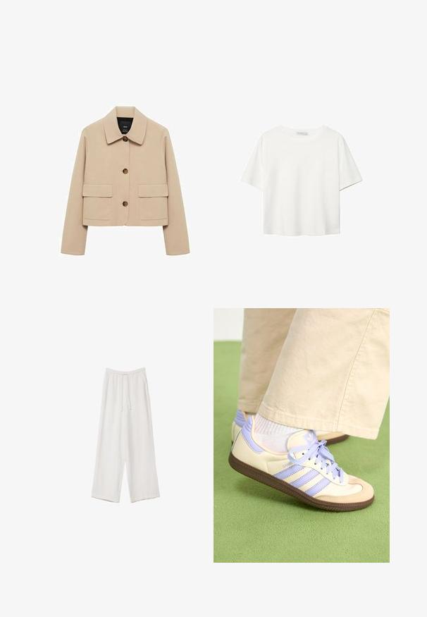 Beige kort jakke lavet af glat stof. Har en klassisk krave, frontknaplukning og to store påsyede lommer.; Hvid kortærmet t-shirt lavet af bomuld. Har en rund halsudskæring og en afslappet pasform. Glat tekstur uden synlige mønstre eller detaljer.; Hvide bukser med bred benlængde lavet af et letvægtsstof. Har et elastisk talje med snor og sidelommer. Glat tekstur.; Creme og lavendel sneakers med tre striber og en tekstureret brun sål, der har snørebånd og en polstret hæl. Blødt stof øvre.