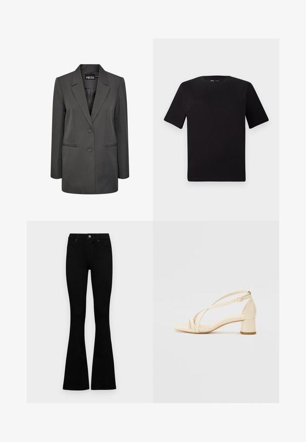 Pieces PCNEVA LOOSE - Bleiser - magnet; Must olema lühikeste varrukatega must t-särk ümmarguse kaelusega, valmistatud pehmest puuvillast kangast. Lihtne disain, ilma nähtavate logode või mustriteta.; Mustad kõrge vöökohtadega teksad, millel on nööp ja lukuga sulgemine, esikäe taskud ja laienevad sääred, asetatud tasasele valgele taustale.; Bežid kontsagaid sandaalid plokknõlva, rihmadega disain ja reguleeritav pahklu strap, valmistatud siledast sünteetilisest materjalist matta viimistlusega.