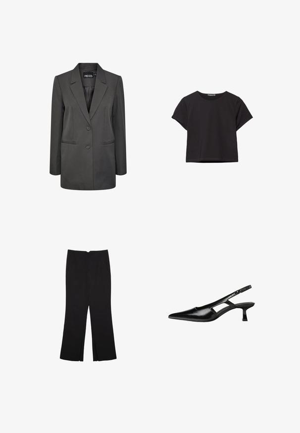 Pieces PCNEVA LOOSE - Suknjič - magnet; Črn kratki top s kratkimi rokavi, narejen iz mehkega materiala, z okroglo izrezom in sproščenim krojem ter čistim robom.; Črne hlače ravnega kroja z naglavnimi žepi in stranskimi razporki na robu. Narejene iz mehke, gladke tkanine. Primerne za različne priložnosti.; Črne patentični usnjeni salonarji s slingback designom, z zašiljenim nosom, izrezanim stranskim dizajnom in majhnim kvadratnim peto. Gladka tekstura z minimalnimi detajli.