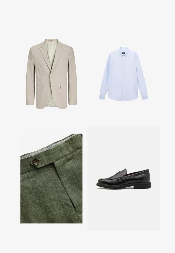 Beige vaalean khakin värinen bleiseri, joka on valmistettu tekstuurikankaasta. Siinä on kaksi etutaskua, yksittäinen napitus ja viilennyskaulus. Vuorattu sisus.; Vaaleansininen pitkähihainen nappipaita klassisella kauluksella, suora helma ja hienovarainen rakenne. Keskellä nappisuljenta.; Olivinvihreät pellavahousut, joissa on etupleetti, napin kiinnitys ja vyötäröllä erottuva ruudullinen vuori.; Musta keinotekoinen mokka, jossa on korostettu ommeltu etuosa, pehmeä sisäpohja ja litteä kumipohja; tyylikäs muotoilu, jossa on vähäistä yksityiskohtaisuutta.