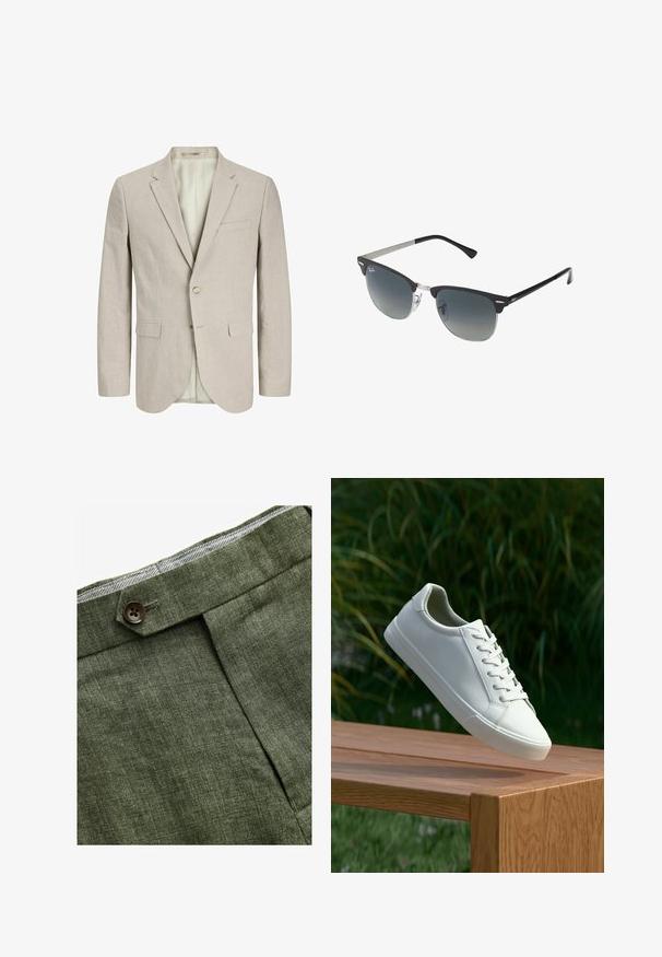 Beige vaalean khakin värinen bleiseri, joka on valmistettu tekstuurikankaasta. Siinä on kaksi etutaskua, yksittäinen napitus ja viilennyskaulus. Vuorattu sisus.; Vaaleansininen pitkähihainen nappipaita klassisella kauluksella, suora helma ja hienovarainen rakenne. Keskellä nappisuljenta.; Olivinvihreät pellavahousut, joissa on etupleetti, napin kiinnitys ja vyötäröllä erottuva ruudullinen vuori.; Valkoiset nauhalla kiinnitettävät lenkkarit leijuvat puupenkillä, taustalla vihreää kasvillisuutta, tuoden esiin kengän muotoilua ja pintarakennetta.; Mustat ja hopeiset aurinkolasit, joissa on kissansilmämuoto, gradientti linssit ja metalliset yksityiskohdat kehysissä. Muoviset sangan päät harmaat.