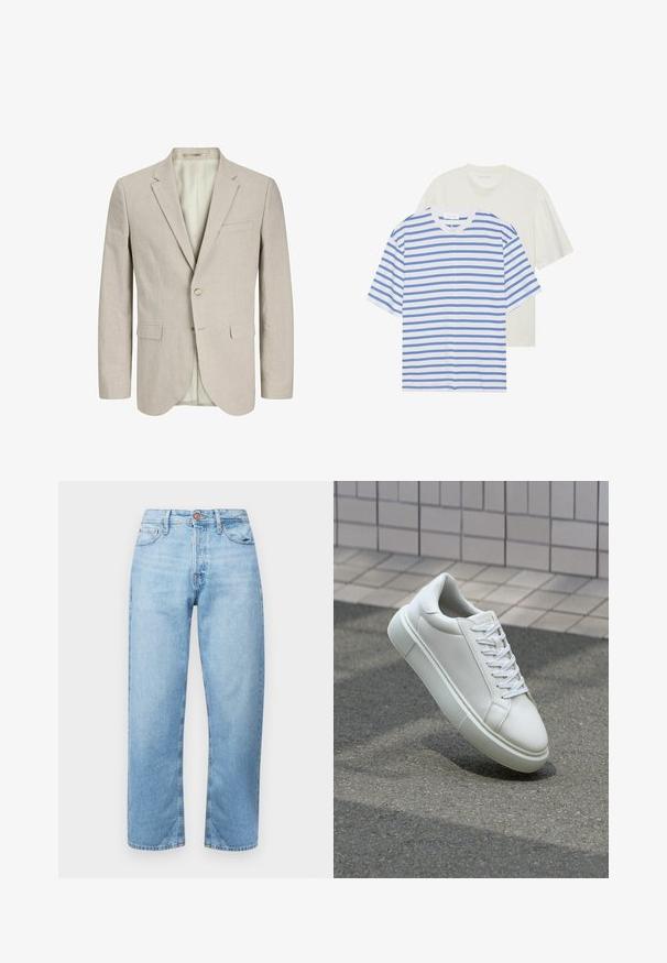 Heledad beež bleiser, mis on valmistatud tekstuuriga kangast. Omab kahte eesmist taskut, ühte nööpi sulgemist ja lõhiku krae. Vooderdatud sisemus.; Kaks lühikeste varrukatega T-särki: üks valge siniste triipudega ja teine ühtlane heledad kreem. Pehme puuvillane materjal, ümar kaelus, mugav lõige.; Heledad sinised teksad sirge lõikega, viiega taskuga ja nööbiga kinni. Sile tekstuur ja minimaalne kulumine koos tikanditega.; Valge nahkline sneka, millel on sile pind, ümar varvas ja lame valge pael. Omab tekstuuriga kummist talla ja minimaalset kujunduselementi.