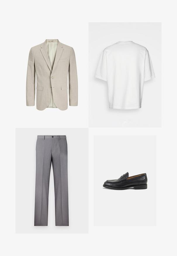 Beige vaalean khakin värinen bleiseri, joka on valmistettu tekstuurikankaasta. Siinä on kaksi etutaskua, yksittäinen napitus ja viilennyskaulus. Vuorattu sisus.; Valkoinen lyhythihainen t-paita, löysä malli, pyöreä pääntie, sileä puuvillakangas, koristamaton selkä, suora helma, ei kuvioita tai yksityiskohtia.; Harmaat räätälöidyt housut, joissa on tasainen etuosa, kaksi sivutaskua ja yksi nappikiinnitys. Sileä pinta, jossa on hienovarainen pinstripe-kuvio.; Mustat nahkaloaferit, joissa on sileä pinta, pyöreä varvas ja koristeompeleet varpaansuojassa. Matala pinottu korko ja hieno kiilto.