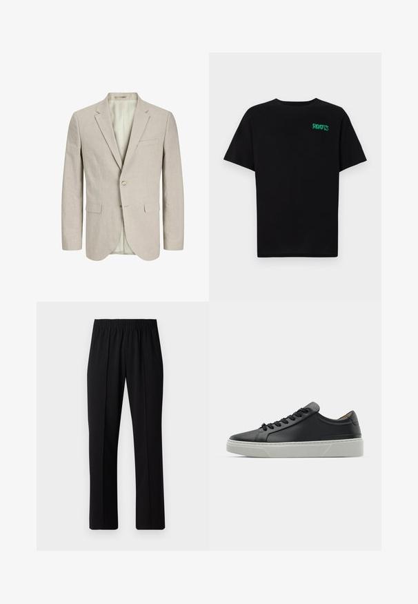 Light beige blazer made from textured fabric. Features two front pockets, a single button closure, and a notch lapel. Lined interior.; Black t-shirt made of cotton with short sleeves. Features a green "ROOTS" logo on the front, round neckline, and standard fit.; Black, elastic-waist trousers with a straight-leg design, featuring a smooth texture and no visible patterns or hardware.; Black leather sneaker with a smooth texture, round toe, and black laces. Features a thick, white rubber sole with subtle geometric accents.