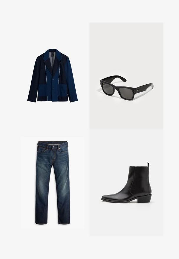 Sötétkék farmerdzseki világosabb kék kiegészítőkkel, bemetszett gallérral, két nagy elülső zsebbel és gombos záródással.; AllSaints BRACE CREW - Basic póló - CARTER GREY; Sötétkék farmernadrág enyhe kopással a combokon, öt zsebes dizájn, gombos zárás és látható narancssárga varrás egy fehér háttéren.; Zign LEATHER - Cowboy/motoros bokacsizma - black; Fekete napszemüveg, négyzet alakú kerettel, sötét lencsékkel. Kis arany pöttyökkel és arany logóval díszítve a szárán. Simább tapintás.