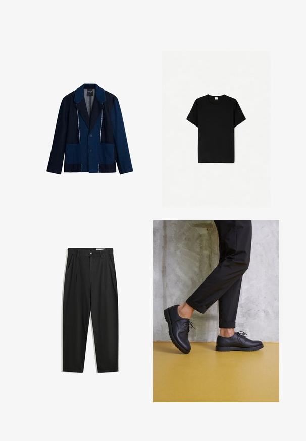 Denim jacket in dark blue with lighter blue accents, featuring a notched collar, two large front pockets, and button closure.; Black short-sleeve t-shirt, crew neck design, made of soft cotton material, with a smooth texture and no visible patterns or accents.; Black cotton trousers with a relaxed fit, featuring a classic waistband, front pleats, and side pockets. Smooth texture without patterns.; Black leather lace-up shoes with a rounded toe, textured surface, and thick rubber sole. Worn with rolled black trousers against a concrete background.