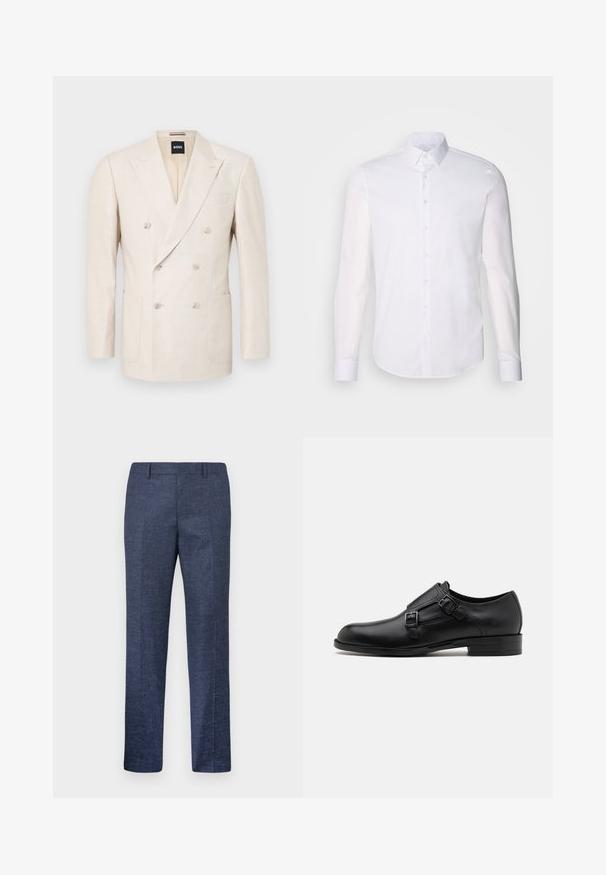 Beige double-breasted blazer made from textured fabric. Features two patch pockets and a notched lapel. Brand label visible inside collar.; White long-sleeve button-up shirt made from cotton, featuring a classic collar, front buttons, and minimal stitching detail.; Navy blue trousers made from a textured fabric, featuring straight legs, a flat front, and two side pockets. No visible patterns or accents.; Black leather dress shoe with dual buckles, sleek silhouette, and round toe. Features a low heel and smooth texture.
