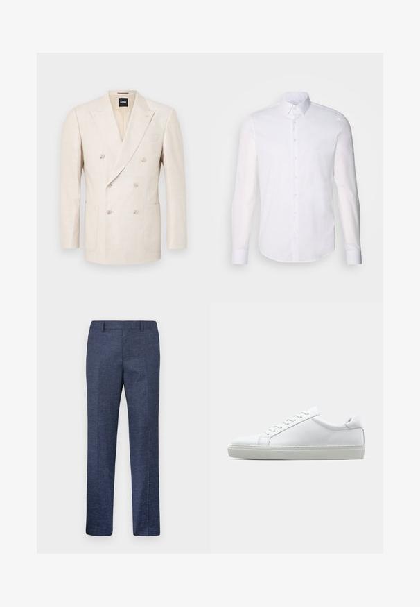 Blazer beige doppiopetto realizzato in tessuto testurizzato. Caratterizzato da due tasche a filetto e un rever a punte. Etichetta del marchio visibile all'interno del colletto.; Camicia bianca a maniche lunghe con bottoni realizzata in cotone, caratterizzata da un colletto classico, bottoni frontali e dettagli di cucitura minimal.; Pantaloni blu navy realizzati in un tessuto texturizzato, con gamba dritta, davanti piatto e due tasche laterali. Nessun motivo o dettaglio visibile.; Sneaker bianco con tomaia in pelle liscia e profilo basso. Presenta una punta arrotondata, sei occhielli e una suola in gomma testurizzata.