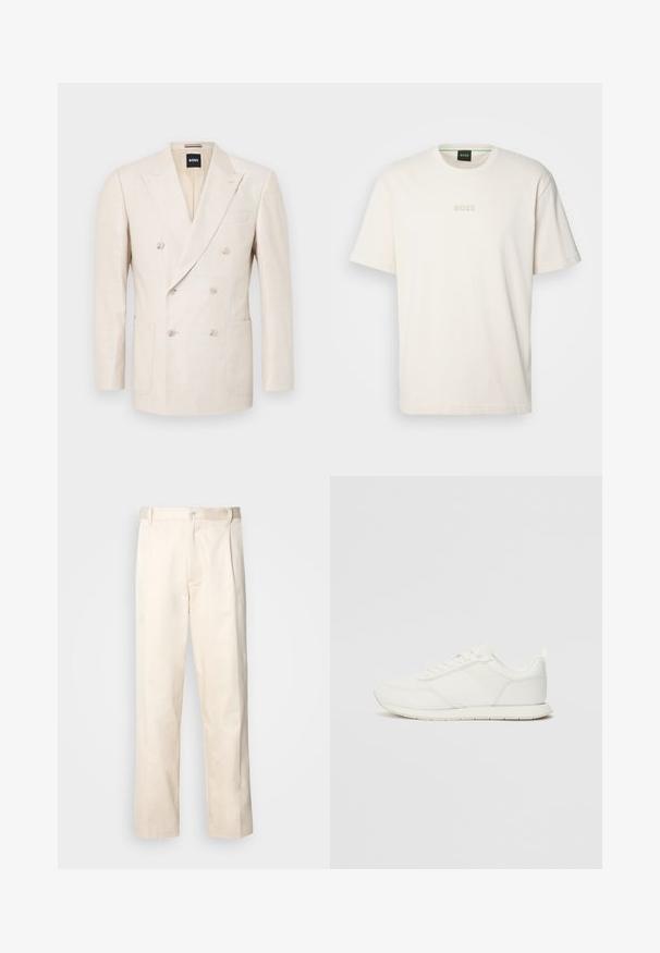 Bež dvostruki sako izrađen od teksturiranog materijala. Ima dve džepne enašice i rever. Inicijalna oznaka brenda vidljiva unutar ovratnika.; BOSS TEE - Osnovna majica kratkih rukava - open white; Bežaste pamučne hlače ravnog kroja s kopčanjem na dugme i plisiranjima sprijeda za dodatni detalj.; Bijela tenisica s gornjim dijelom od mrežice i sintetičkog materijala, okrugli vrh, ravne vezice i teksturirani bočni trak. Gumeni potplat s petnim trakicom.