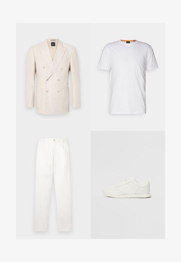 Bež dvostruki sako izrađen od teksturiranog materijala. Ima dve džepne enašice i rever. Inicijalna oznaka brenda vidljiva unutar ovratnika.; Bijela pamučna majica s okruglim izrezom, kratkim rukavima i suptilnim ugraviranim logom na prsima. Unutarnja oznaka ima narančasti akcent.; Bijele hlače izrađene od glatkog materijala, s ravnim krojem, prednjim nabora i jednim gumbom za zatvaranje u struku.; Bijela tenisica s gornjim dijelom od mrežice i sintetičkog materijala, okrugli vrh, ravne vezice i teksturirani bočni trak. Gumeni potplat s petnim trakicom.