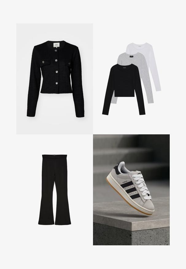 Crni skraćeni sako s dugim rukavima, teksturirana tkanina, s okruglim izrezom, dva prednja džepa i metalnim detaljima na gumbima.; Tri dugih rukava posložena: crna, siva i bijela. Svaka ima okrugli izrez i skrateni kroj s glatkom, laganom tkaninom.; Crne hlače na tregere od rastezljivog materijala. Imaju širok pojas i glatku teksturu, s uskim krojem koji se širi na rubu.; Siva Adidas Campus tenisica s crnim prugama i bijelim vezicama lebdi iznad betonskog ruba s ljestvama u pozadini.