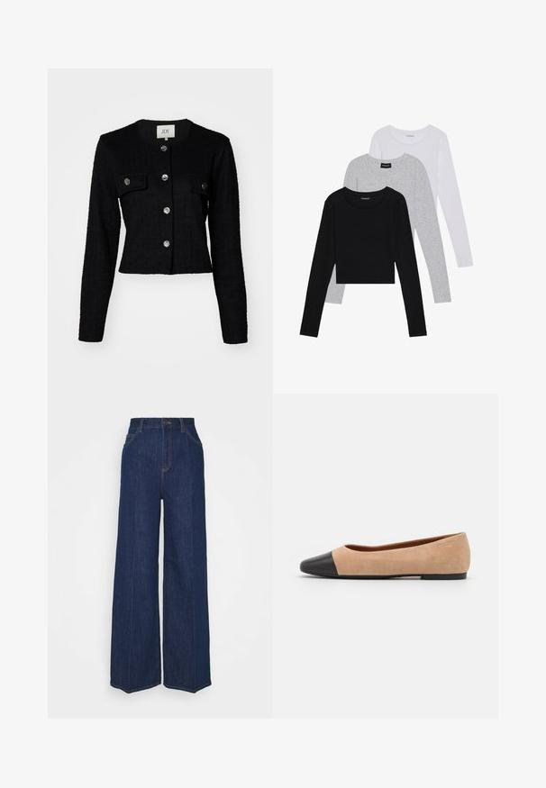 Fekete, rövidített dzseki hosszú ujjal, texturált anyagból, kerek nyakkal, két elülső zsebbel és fémből készült gombdíszítéssel.; Három hosszú ujjú póló egymásra rakva: fekete, szürke és fehér. Mindegyiknek kerek nyaka van, és rövidített fazonnal rendelkezik, sima, könnyű anyagból készült.; Magas derekú, széles szárú sötétkék farmernadrág elöl és hátul zsebekkel, gombos záródással és látható varrási részletekkel.; Beige velúr balettcipő fekete bőr kerek orral, alacsony sarokkal és sima textúrával, minimális varrással és letisztult dizájnnal.