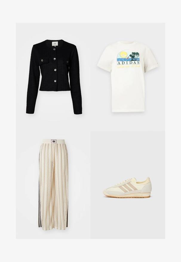 Casaco preto curto com mangas longas, tecido texturizado, apresentando um decote redondo, dois bolsos frontais e detalhes em botões metálicos.; T-shirt de algodão branco com um design gráfico apresentando um sol, palmeiras e água. "ADIDAS Sports Club" impresso em verde e amarelo.; Calças largas de cor creme com um padrão em zigzag, apresentando uma cintura com logotipo preto e riscas laterais pretas. Tecido leve e texturizado.; Sapatilha atlética creme com três riscas bege, materiais em camurça e tecido, sola texturizada e logo em relevo no calcanhar.