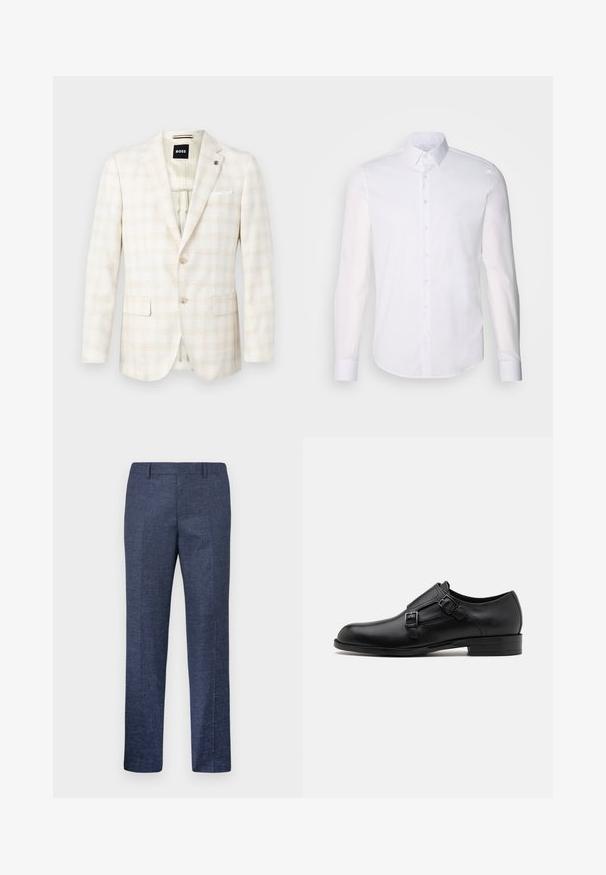 Lichtbeige blazer met een subtiel ruitpatroon, twee voorzakken, enkele knoopsluiting en een witte pochet accent.; Witte lange mouwen overhemd met knopen, gemaakt van katoen, voorzien van een klassieke kraag, voorkant met knopen en minimale stikdetails.; Navyblauwe broek van een gestructureerde stof, met rechte pijpen, een vlakke voorkant en twee zijzakken. Geen zichtbare patronen of accenten.; Zwarte leren dresschoen met dubbele gespen, slank silhouet en ronde neus. Kenmerkt zich door een lage hak en een gladde textuur.