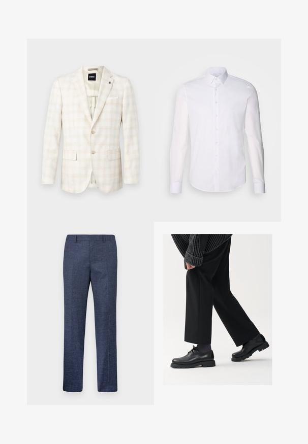 Ljusbeige kavaj med ett subtilt rutmönster, två framfickor, enkelknäppning och en vit fickruta som accent.; Vit långärmad skjorta med knappar tillverkad av bomull, har en klassisk krage, framskjuta knappar och minimal sömnadsdetalj.; Mörkblå byxor tillverkade av ett strukturerat tyg, med raka ben, platt fram och två sidofickor. Inga synliga mönster eller dekorationer.; Svarta läderskor med rund tå, snörningsdesign och tjock, strukturerad sula. Bärs med skräddarsydda svarta byxor och en ribbad tröja.
