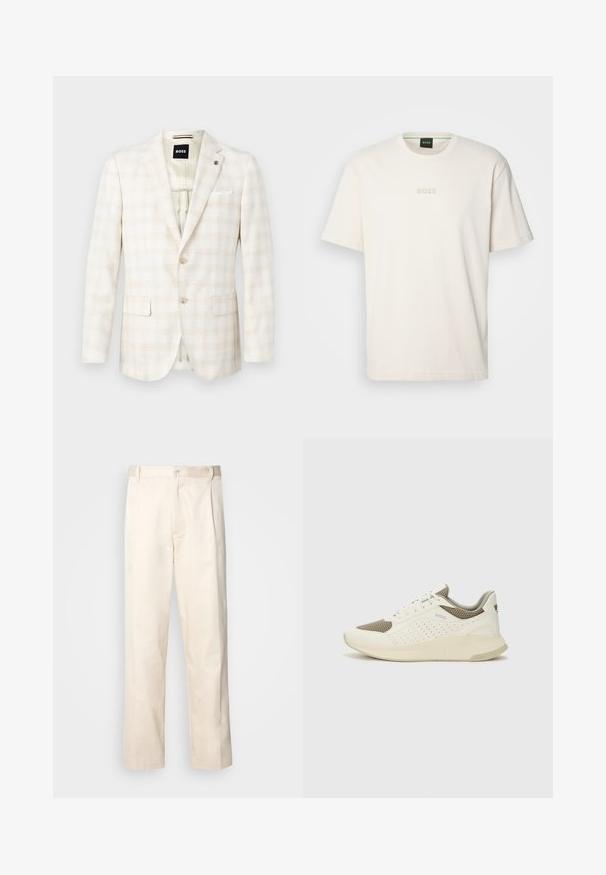 Blazer beige chiaro con un sottile motivo a quadri, due tasche frontali, chiusura con un solo bottone e un fazzoletto bianco come accent. ; BOSS TEE - T-shirt basic - open white; Pantaloni in cotone beige con taglio dritto, dotati di chiusura a bottone e pence sul davanti per un tocco di dettaglio in più.; Sneaker atletica bianca e beige chiaro, con tomaia in mesh, dettagli perforati e una suola intermedia texturizzata con marchio sul tallone.